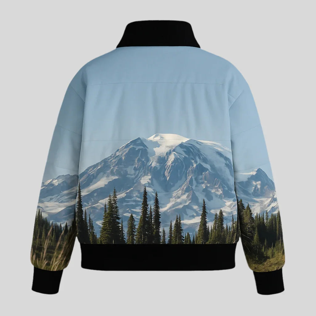 Sailuc luxury jacket with mountain and pine forest print, modern fashion apparel for men and women