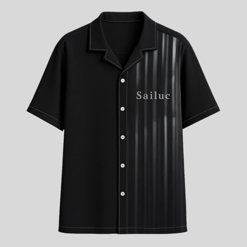 Sailuc black short sleeve shirt with striped panel and white buttons, modern luxury fashion