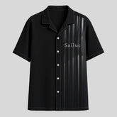 Sailuc black short sleeve shirt with striped panel and white buttons, modern luxury fashion