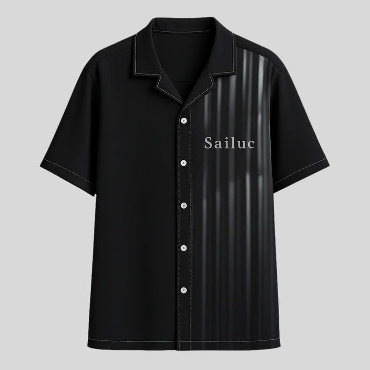Sailuc black short sleeve shirt with striped panel and white buttons, modern luxury fashion