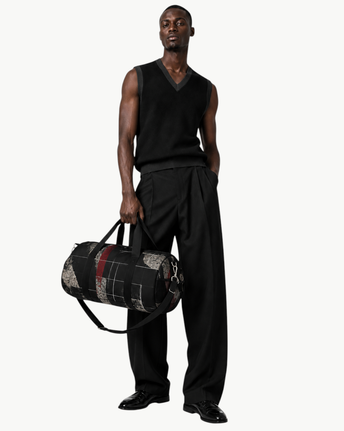 A model holding a Sailuc Obscura duffle bag featuring dark abstract artwork on durable Oxford canvas with nickel hardware