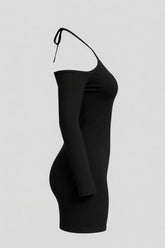 Sailuc luxury black asymmetric long sleeve bodycon dress for women on gray background