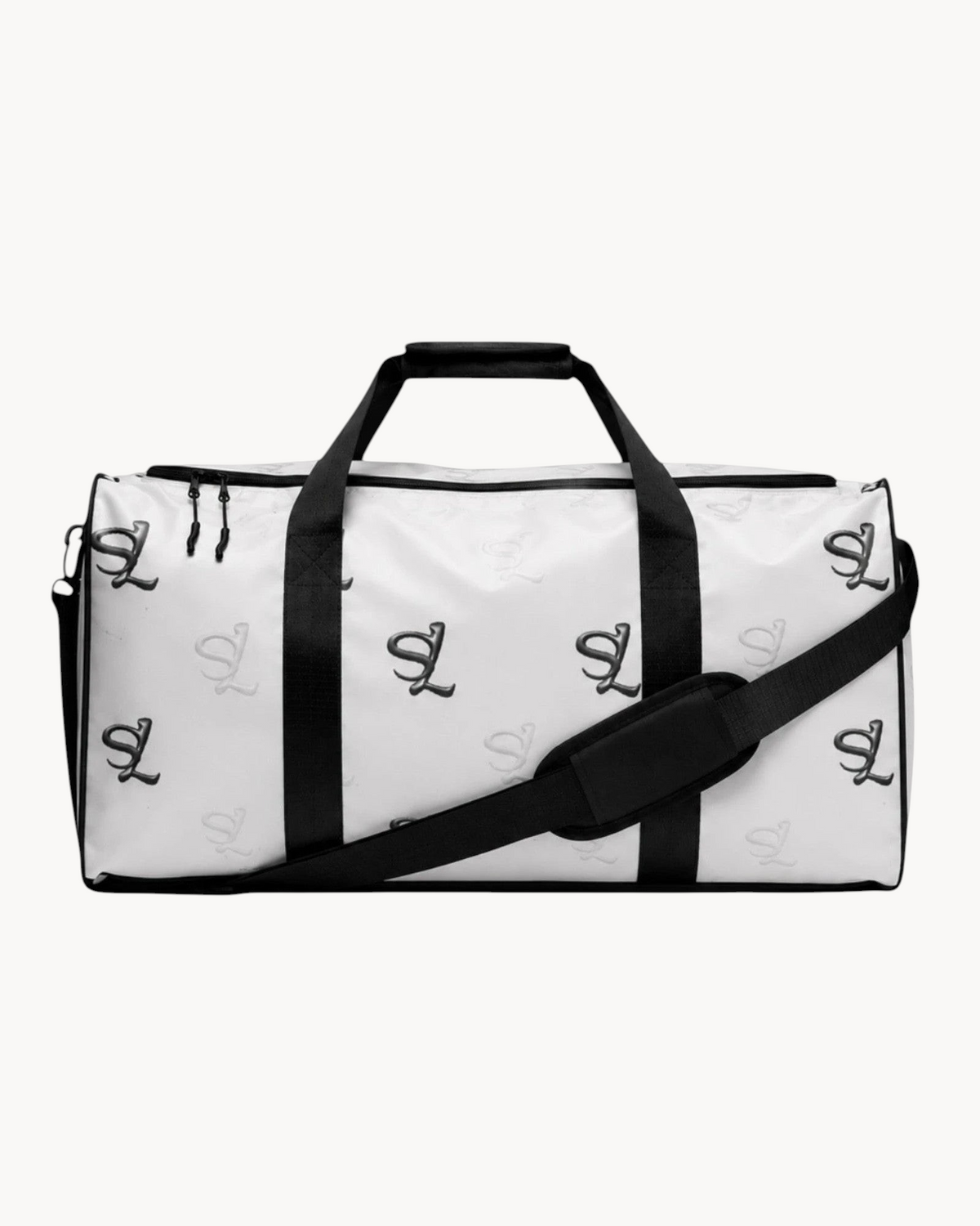 Sailuc Essential Voyage Bag in white with black monogram print, featuring dual carry handles and shoulder strap.