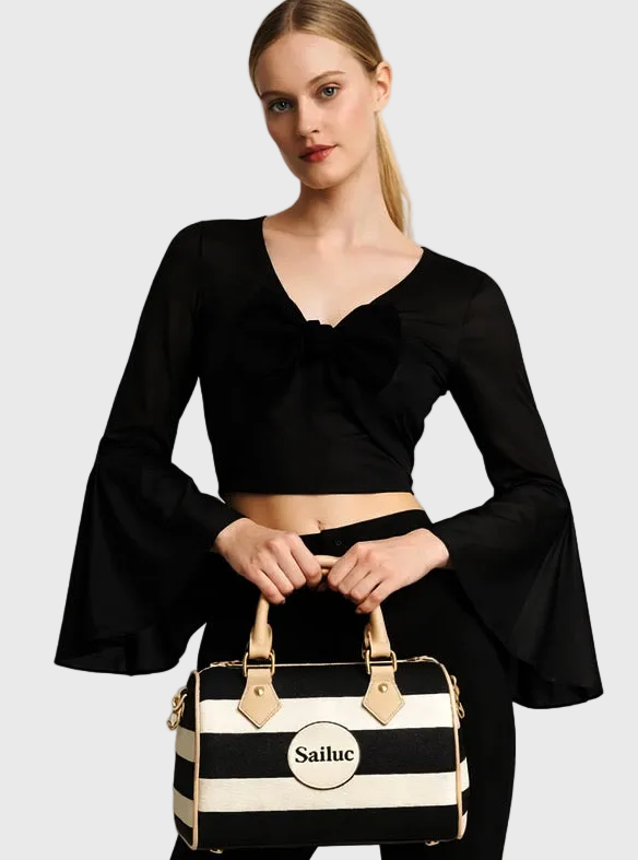 Striped Barrel-Shaped Leather Handbag