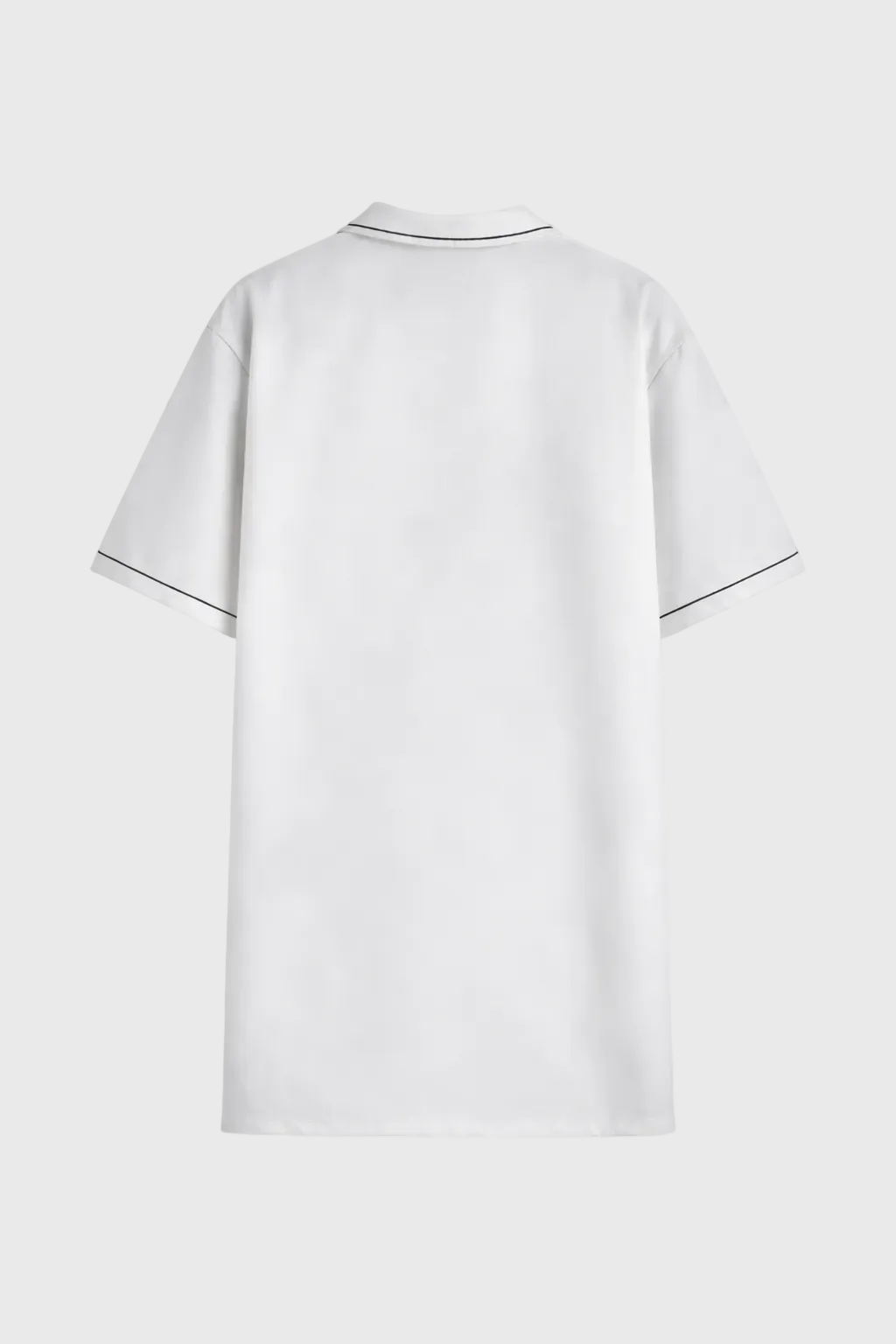 White shirt with black trim on a gray background