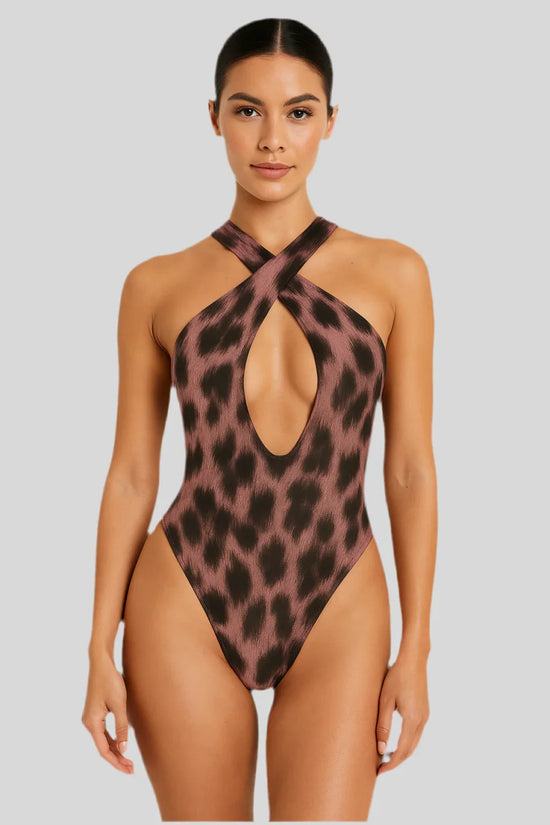 Hollowed-Out One-Piece Leopard Swimsuit - Sailuc