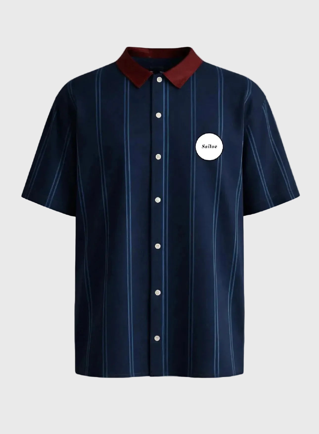 Navy striped shirt with a maroon collar on a gray background
