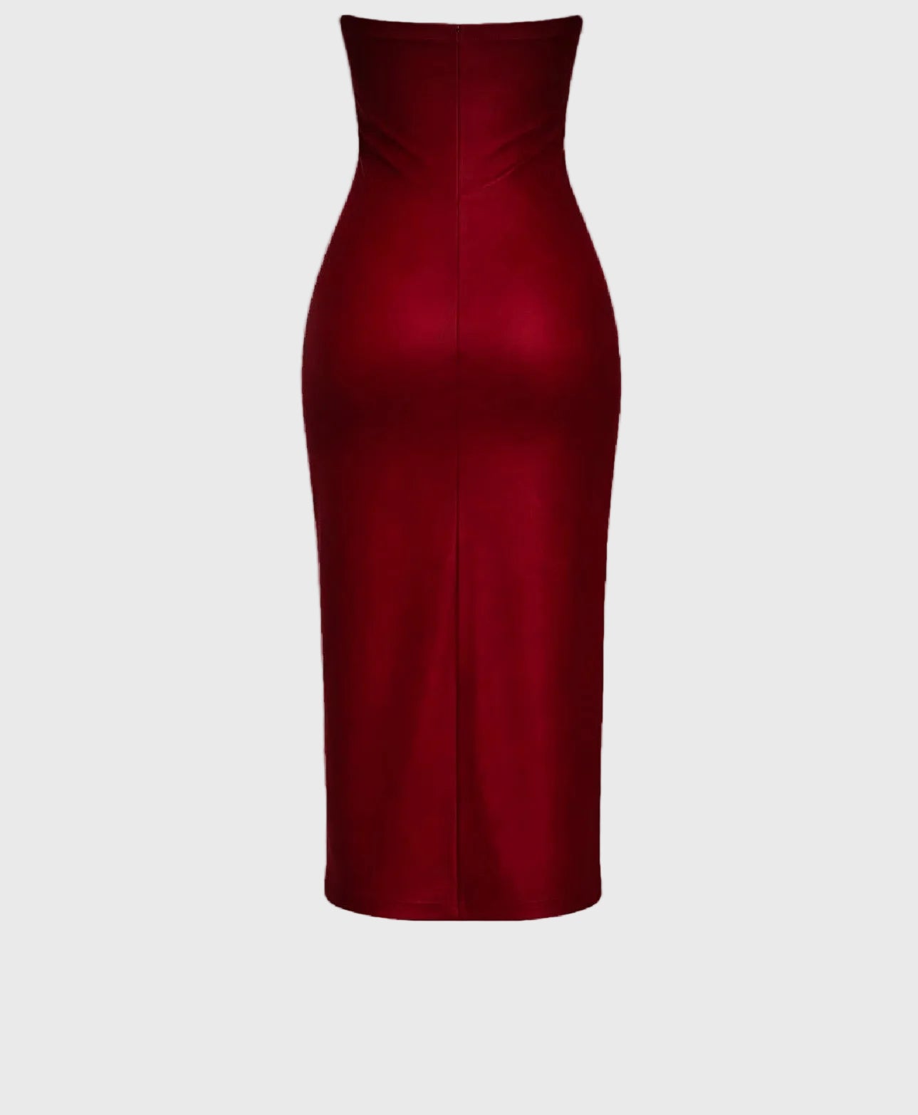 Red strapless dress on a gray background