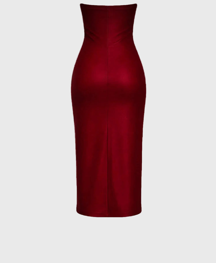 Red strapless dress on a gray background