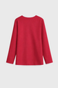 Red long-sleeve top on a gray background