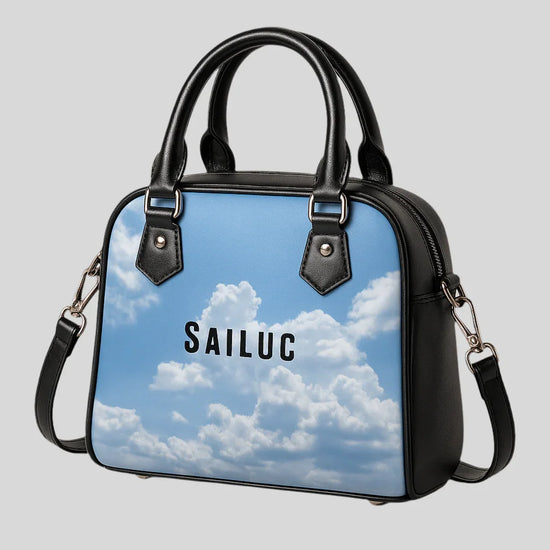 Sailuc luxury handbag with sky and clouds print, black handles, modern designer accessory