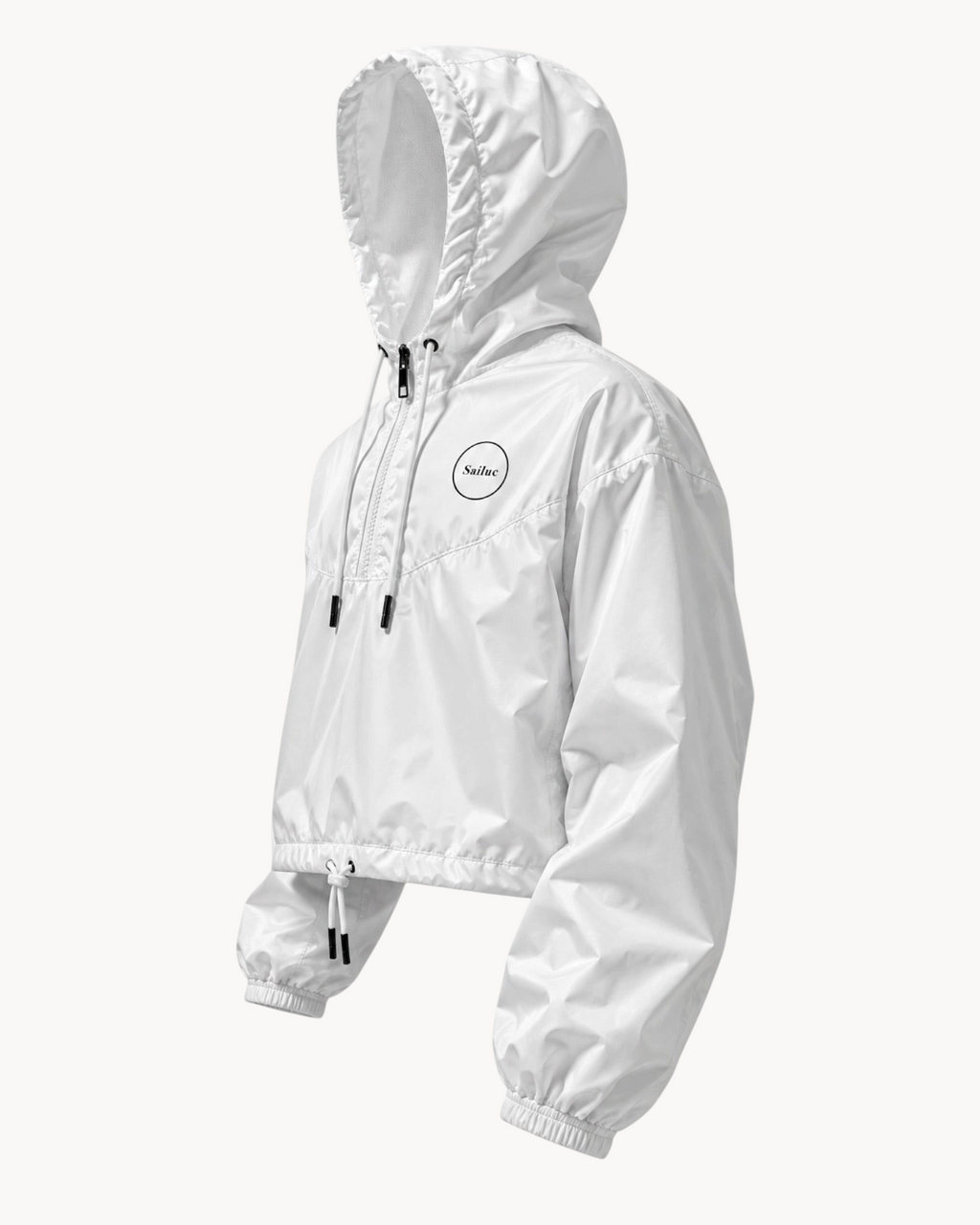 Sailuc white cropped windbreaker with a half-zip front, adjustable hood, and drawcord waist in technical fabric.