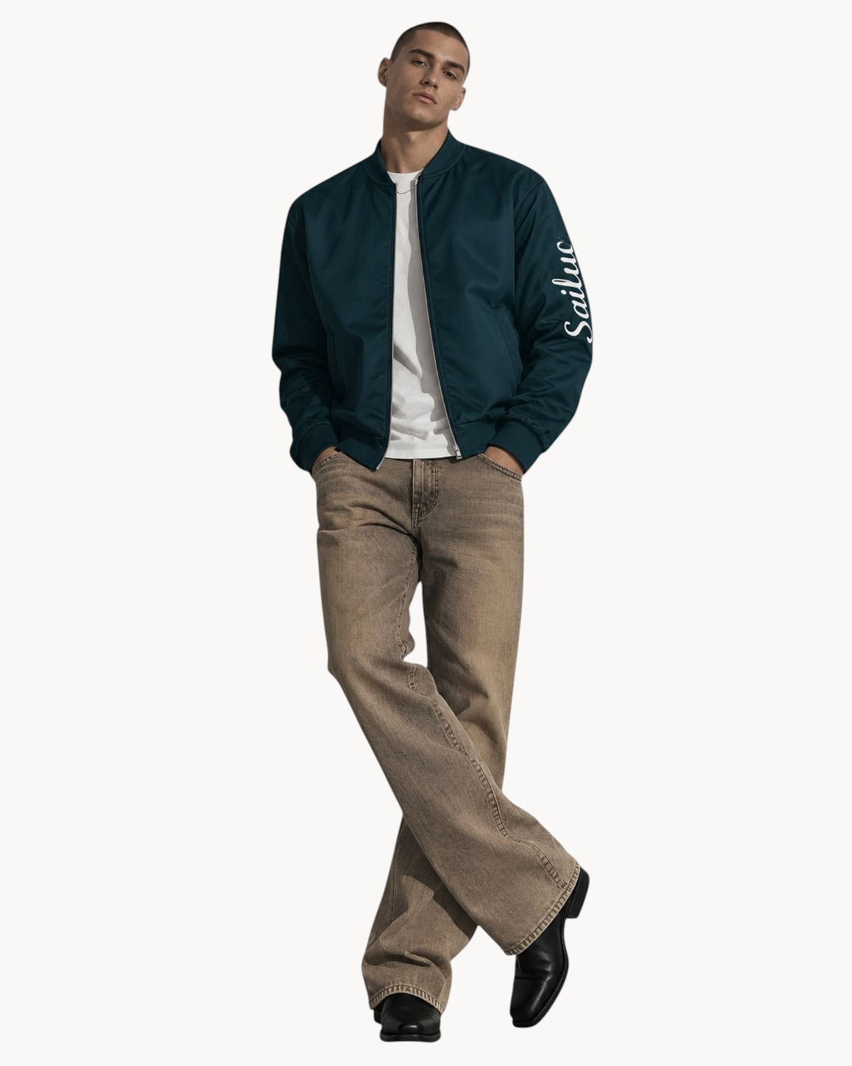 A man wearing a dark teal Sailuc Vesper bomber jacket with a silver zipper and white sleeve branding over a white tee.