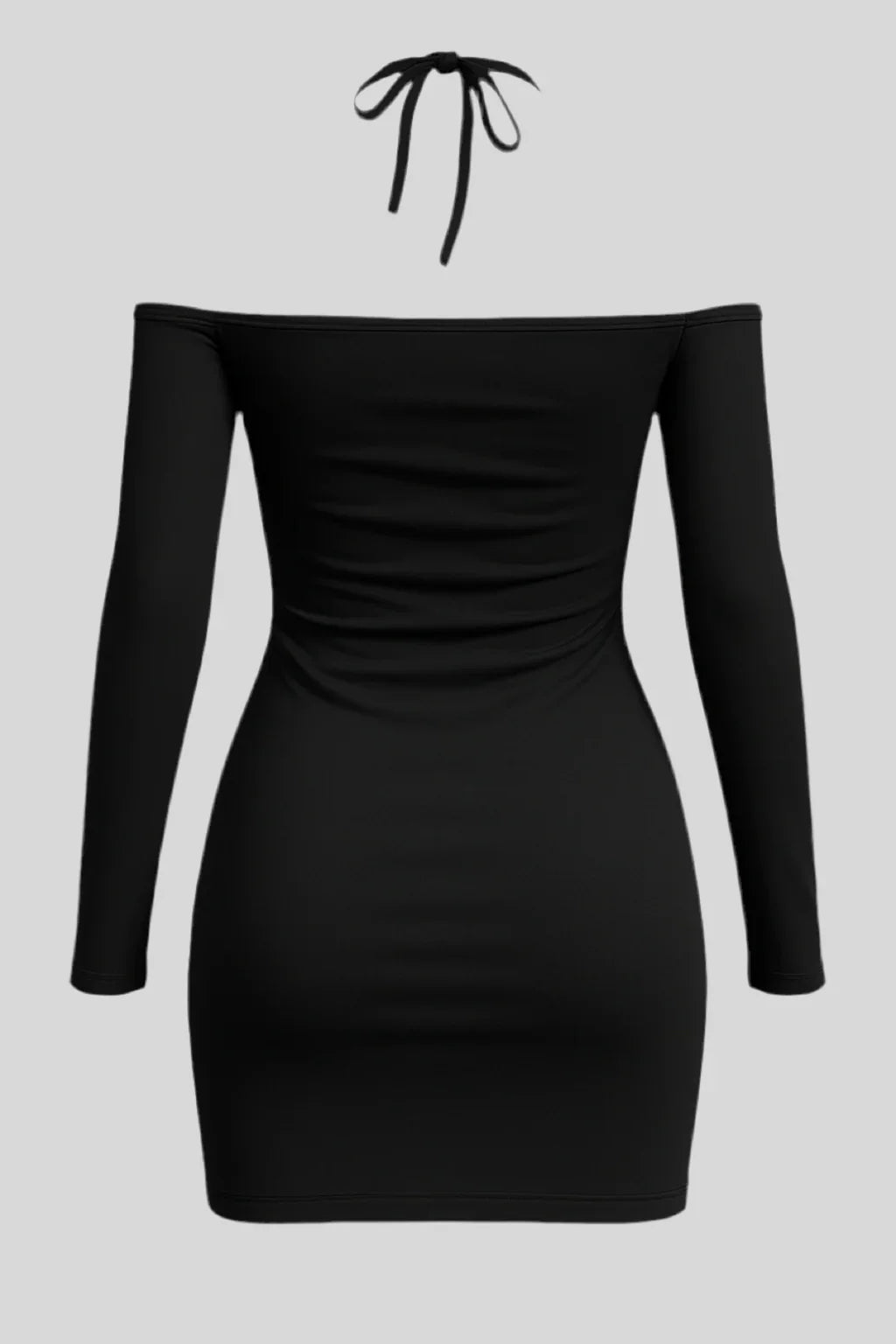 Sailuc luxury black off-shoulder mini dress with long sleeves and halter neck tie
