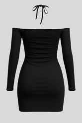 Sailuc luxury black off-shoulder mini dress with long sleeves and halter neck tie