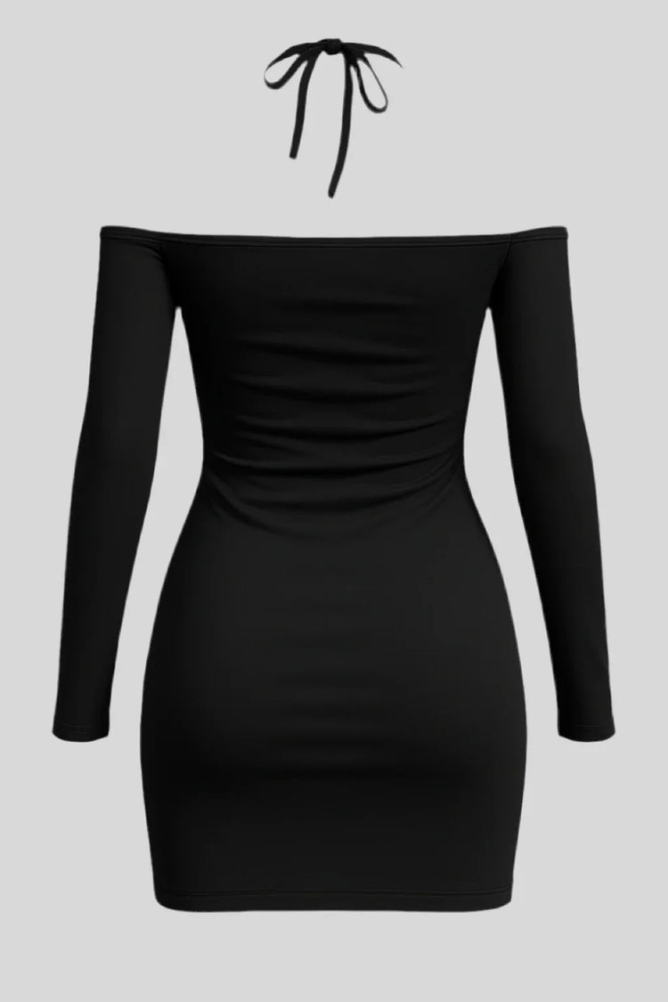 Sailuc luxury black off-shoulder mini dress with long sleeves and halter neck tie
