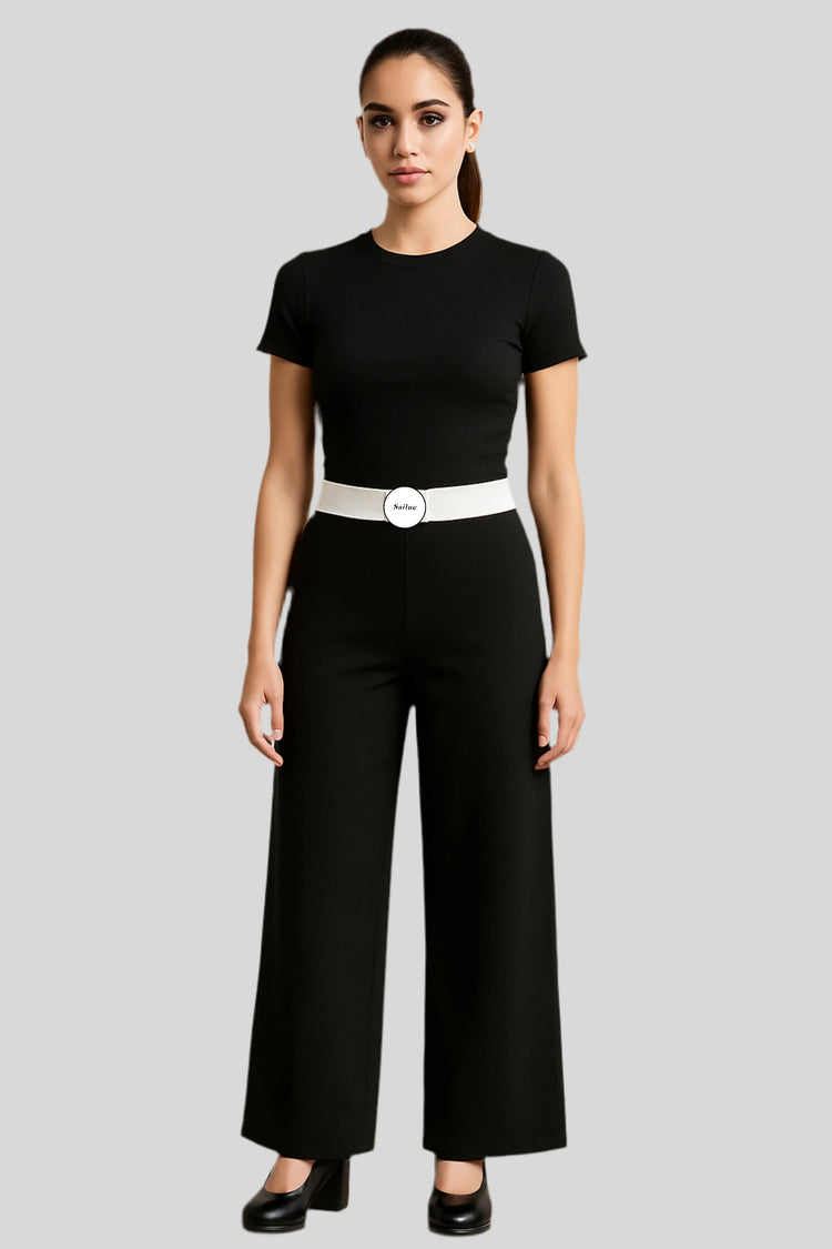 Woman in black jumpsuit with white Sailuc belt, luxury fashion, gray background