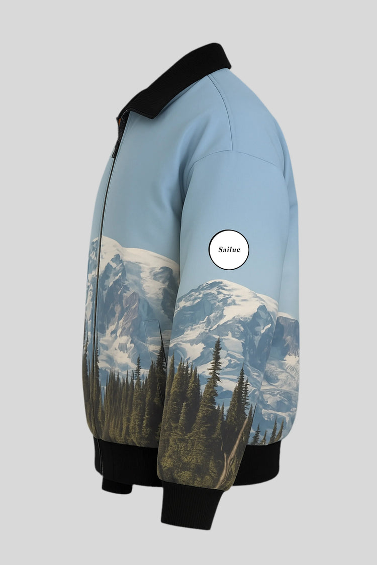 Sailuc luxury blue bomber jacket with mountain forest landscape print, modern fashion