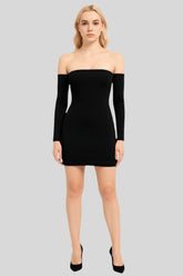 Woman wearing a black off-shoulder bodycon dress from Sailuc luxury fashion, standing on gray background