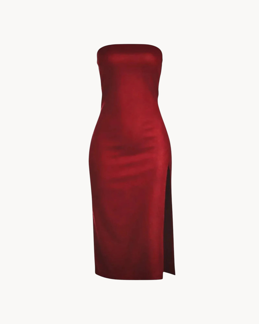 Red strapless dress on a gray background