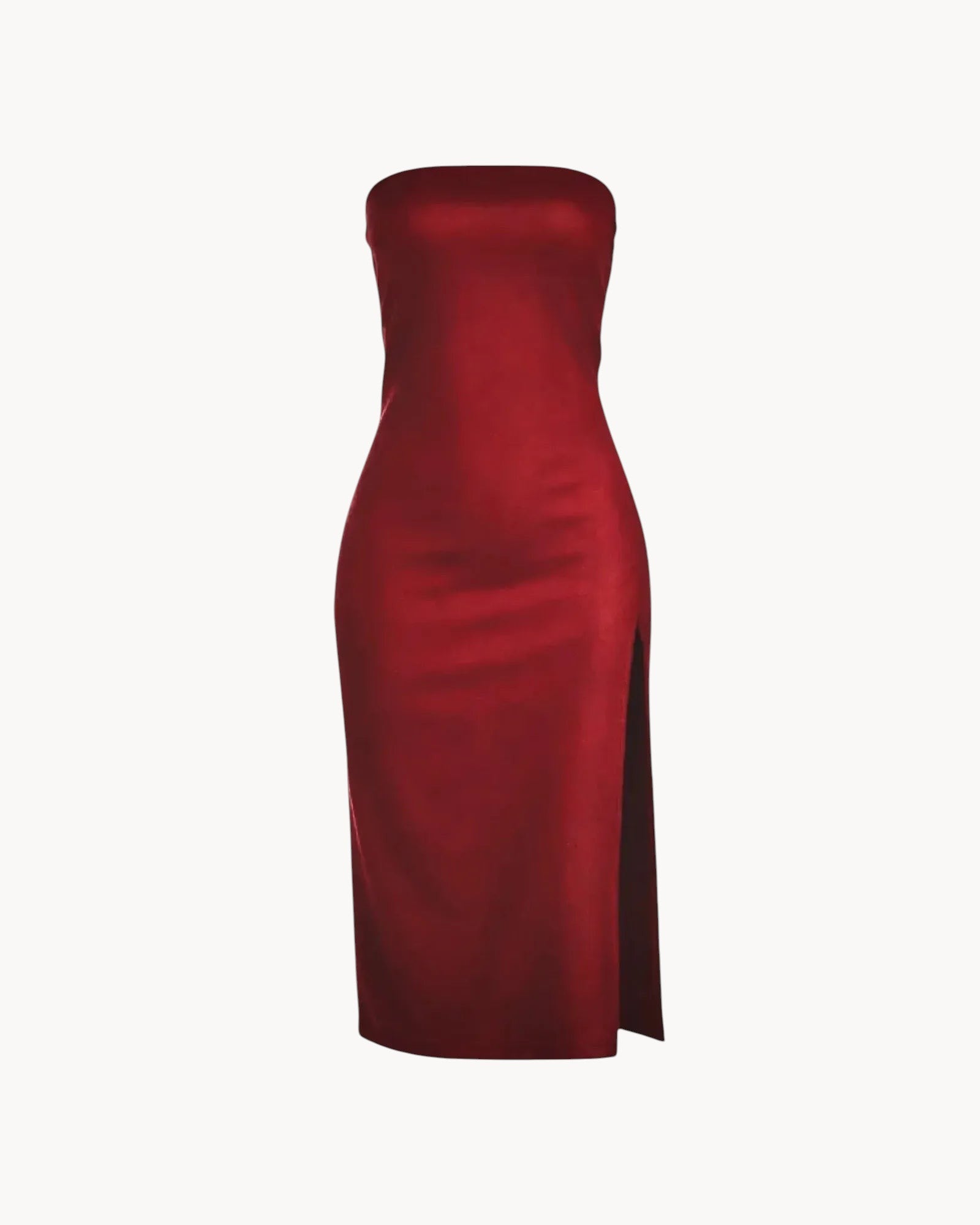 Red strapless dress on a gray background