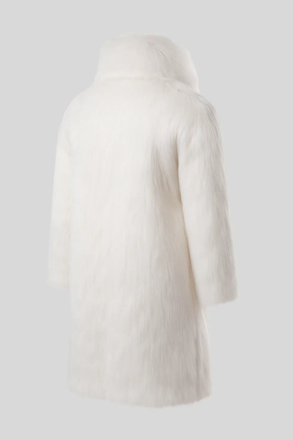 Sailuc luxury white faux fur coat for women, back view on gray background