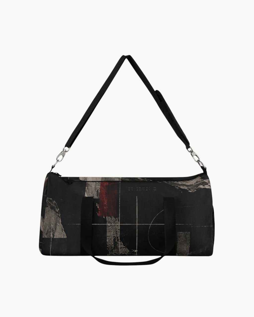 Sailuc Obscura duffle bag in black Oxford canvas with dark abstract artwork, brushed nickel hardware, and shoulder strap