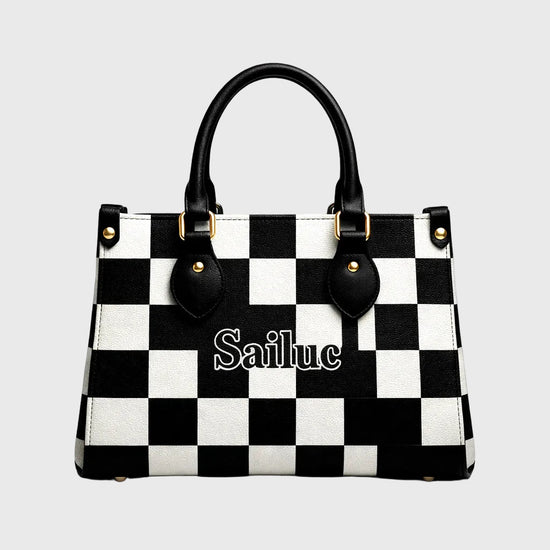 Black and white checkered handbag with Sailluc branding on a gray background