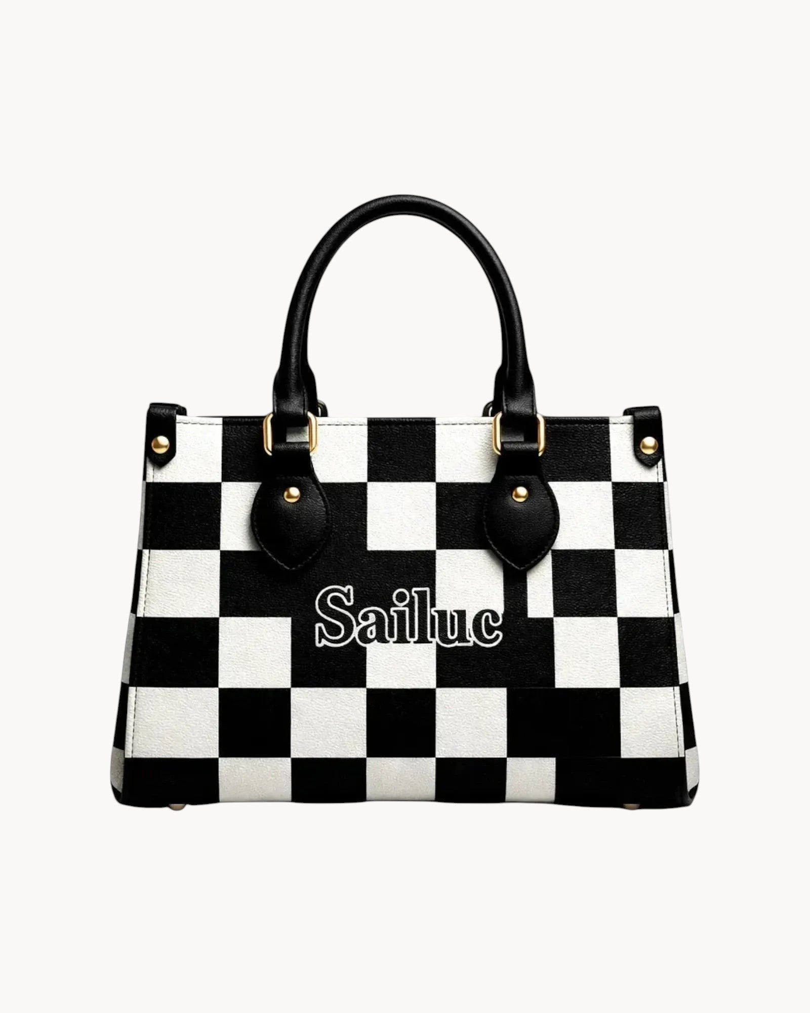 Black and white checkered handbag with Sailluc branding on a gray background