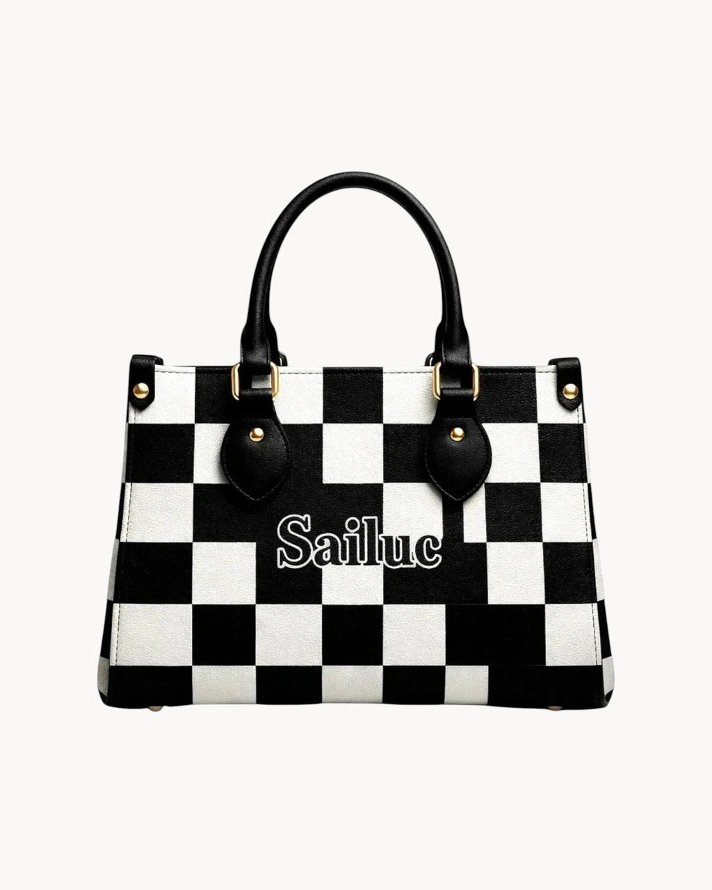 Black and white checkered handbag with Sailluc branding on a gray background