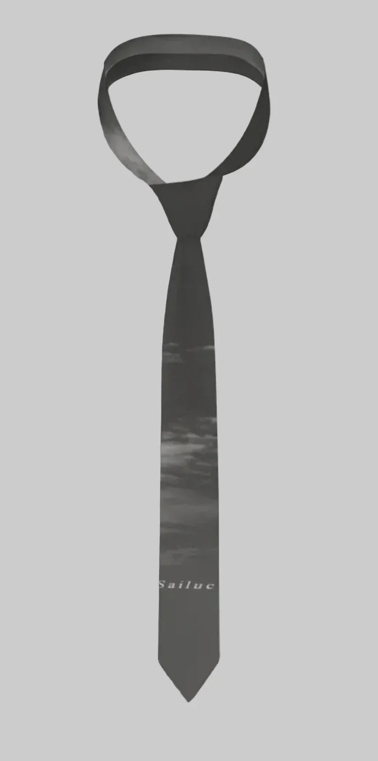 Sailuc luxury black tie with subtle sky pattern and white Sailuc branding, modern men&