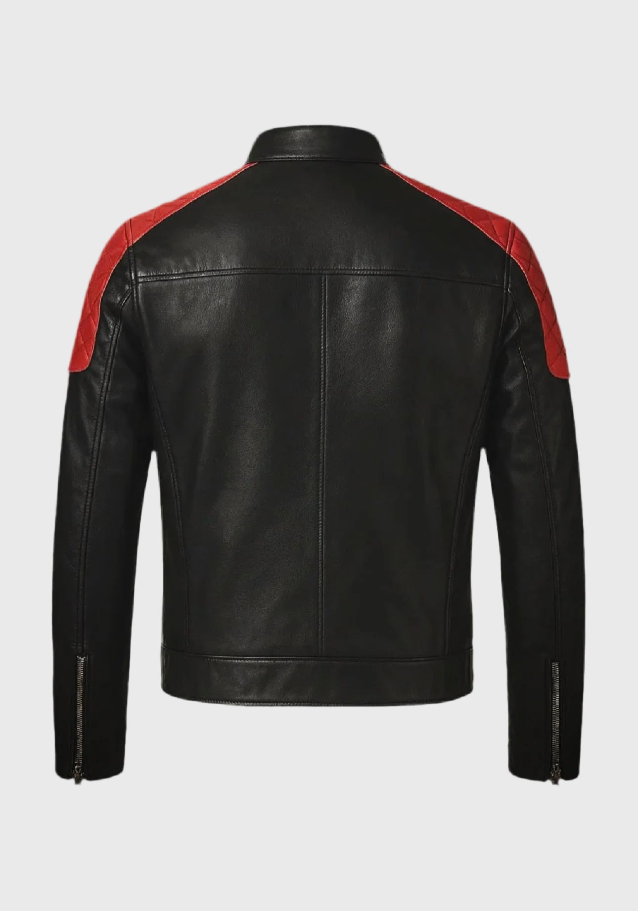 Black leather jacket with red accents on a gray background