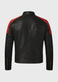 Black leather jacket with red accents on a gray background