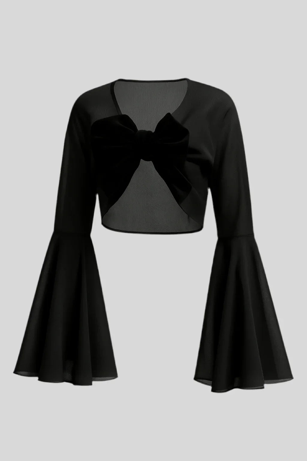 Sailuc luxury women’s sheer black crop top with large bow and flared bell sleeves