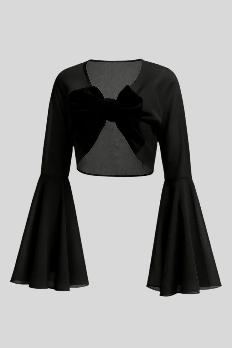 Sailuc luxury women’s sheer black crop top with large bow and flared bell sleeves