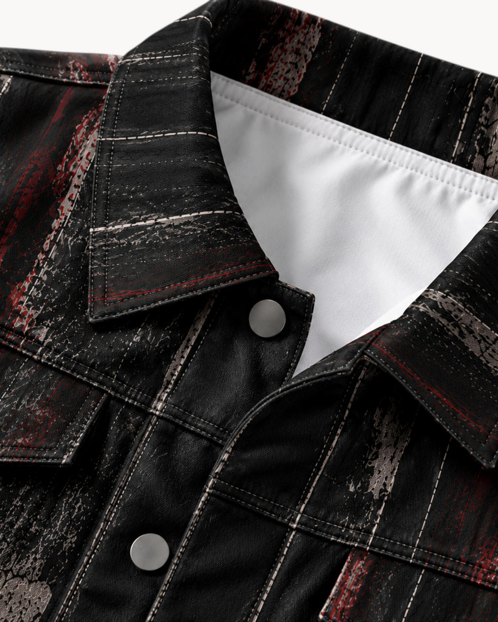 Sailuc Strata collared jacket in textured black fabric with subtle red accents and decorative front pockets