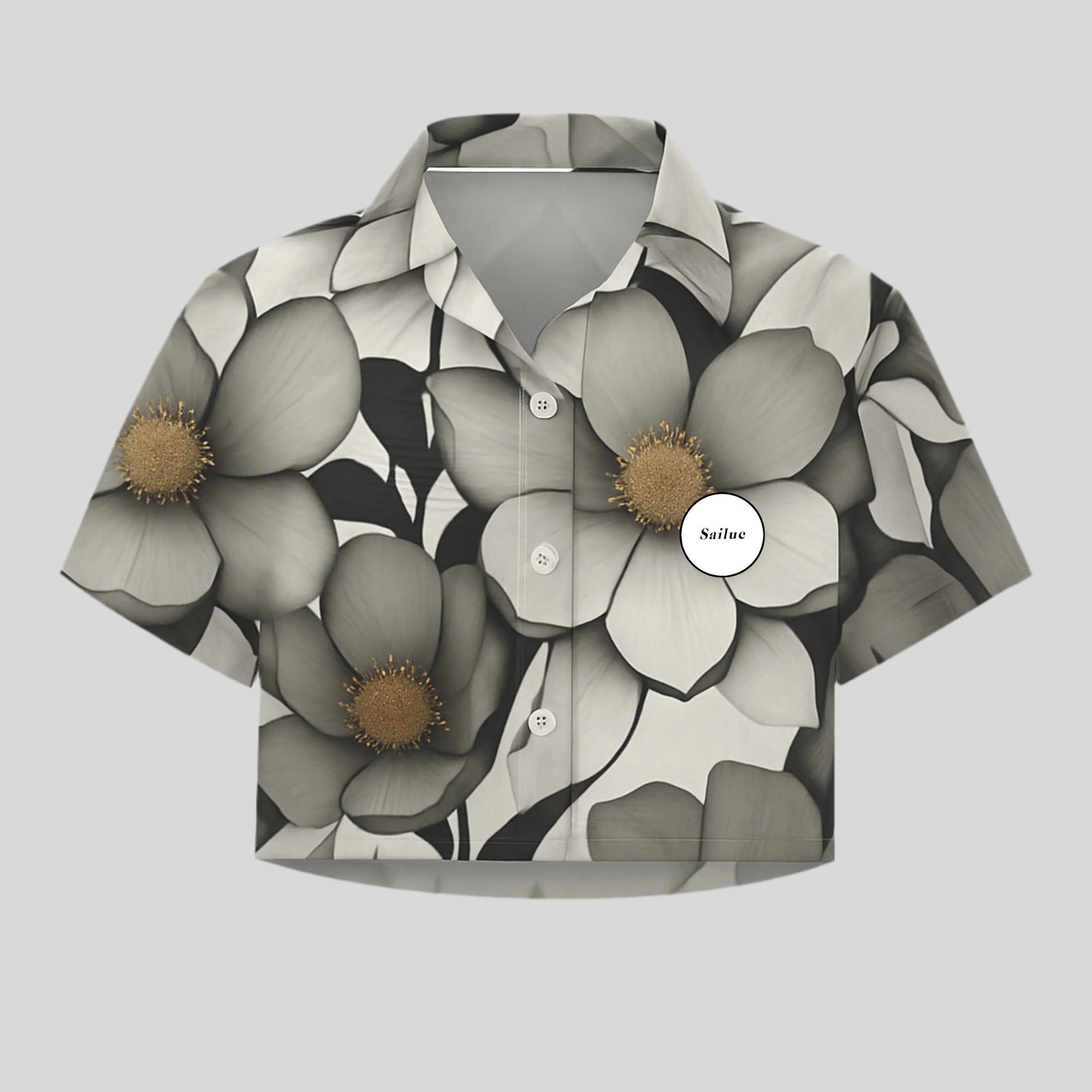 Sailuc luxury cropped shirt with large monochrome floral pattern and gold accents for women