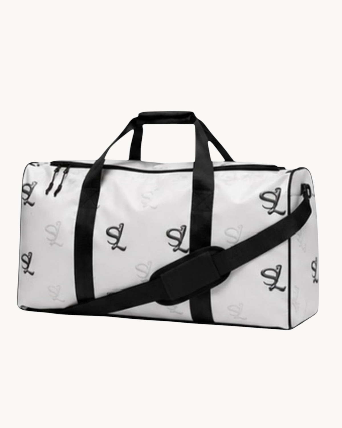 Sailuc Essential Voyage Bag in white with black monogram print, featuring dual carry handles and shoulder strap.