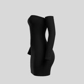 Sailuc luxury black off-shoulder bodycon dress with long sleeves on gray background