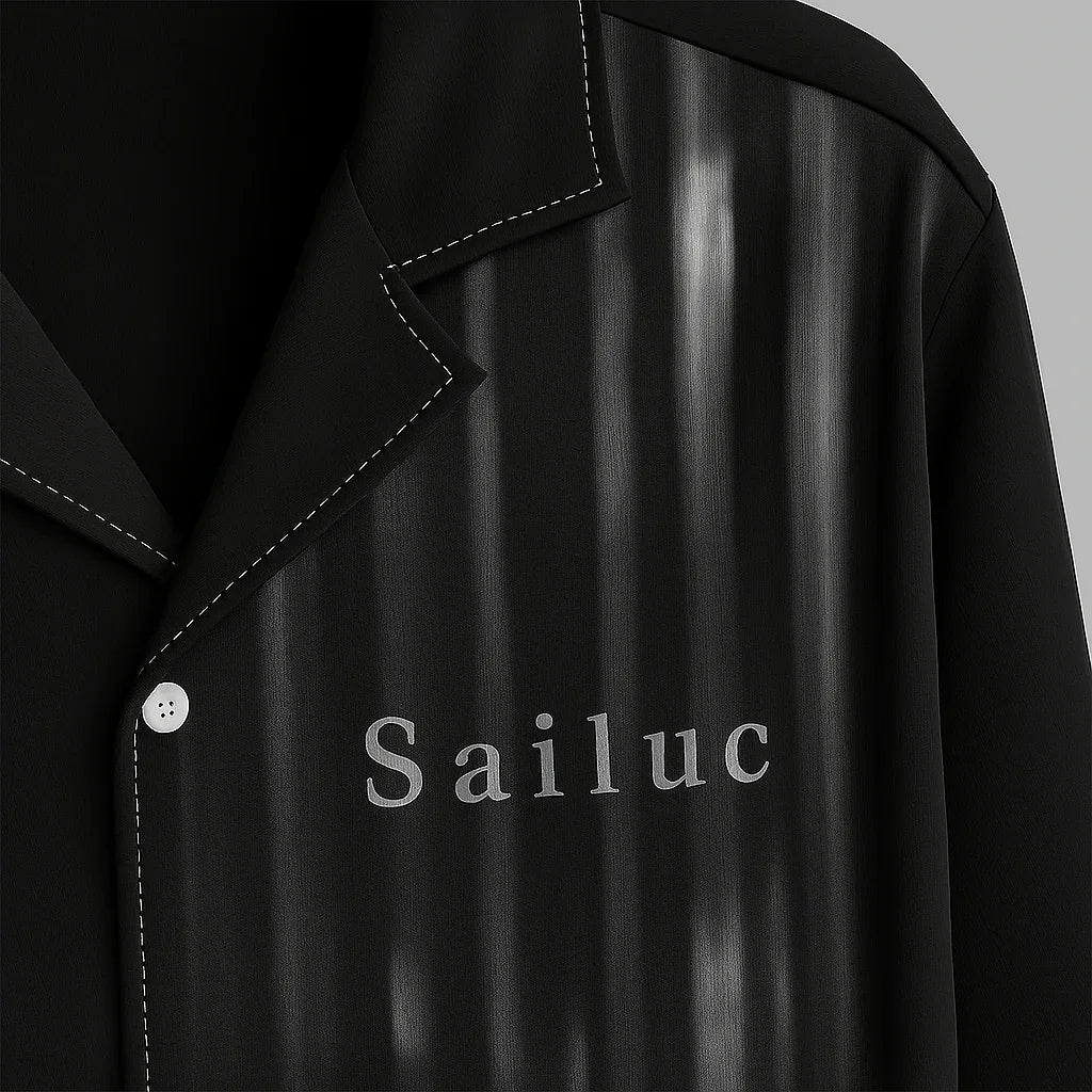 Sailuc black shirt with white stitching and vertical stripe detail, luxury fashion branding