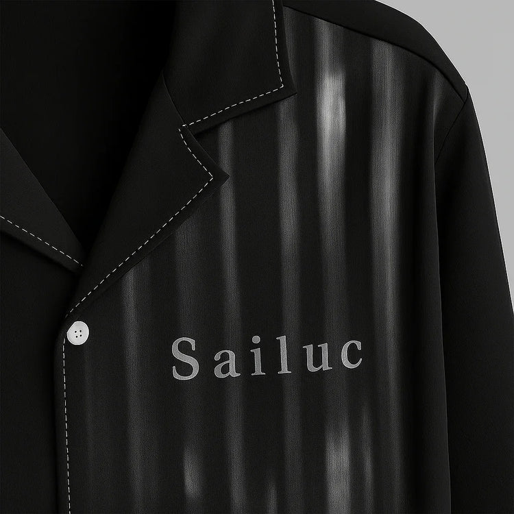 Sailuc black shirt with white stitching and vertical stripe detail, luxury fashion branding