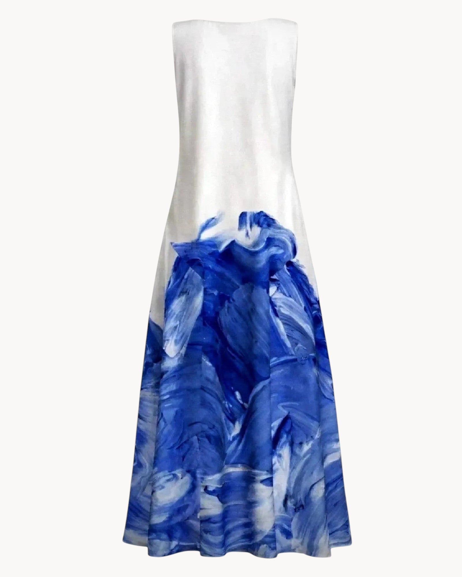White dress with blue wave pattern on a gray background