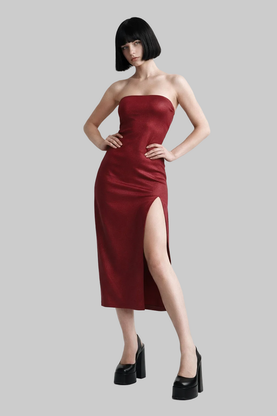 Wine Side Split Tube Top Dress