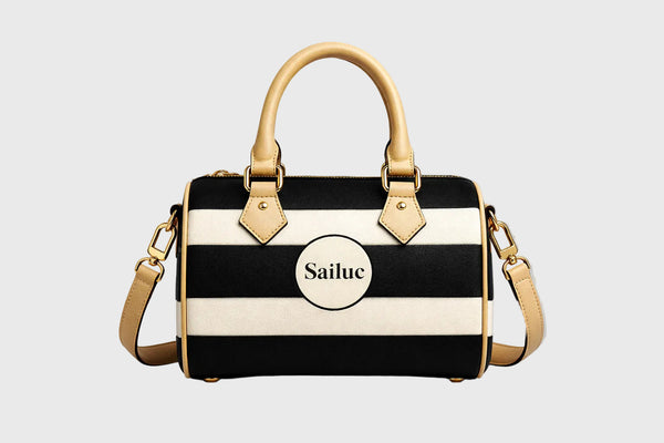 Striped Barrel-Shaped Leather Handbag