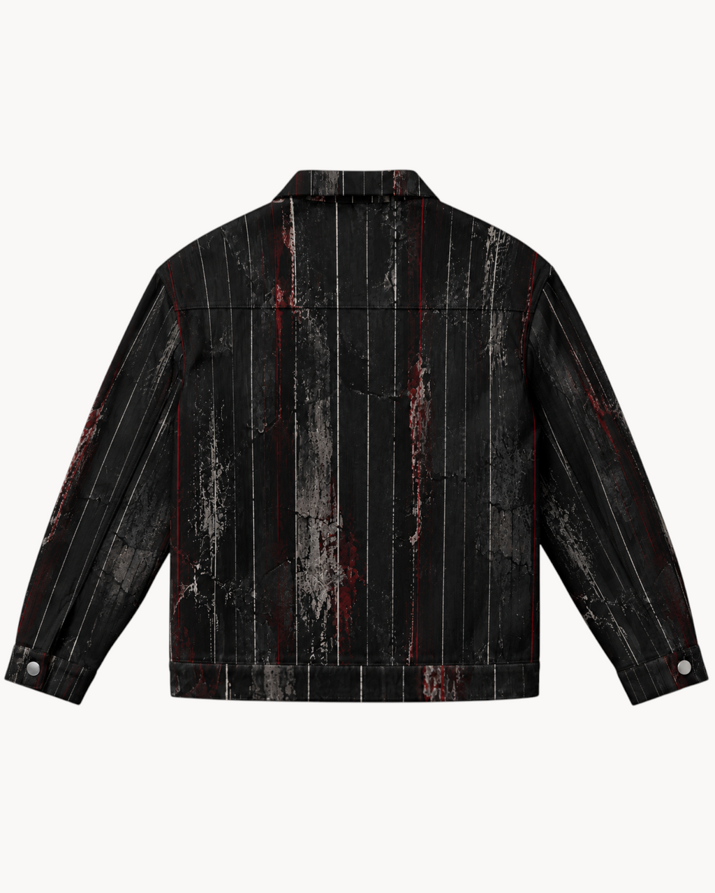 Sailuc Strata collared jacket in black with a distressed pinstripe pattern and utilitarian front pockets, back view.