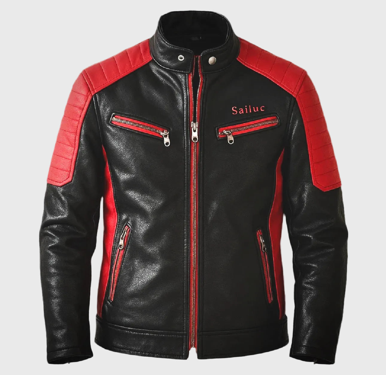 Black leather jacket with red accents and &