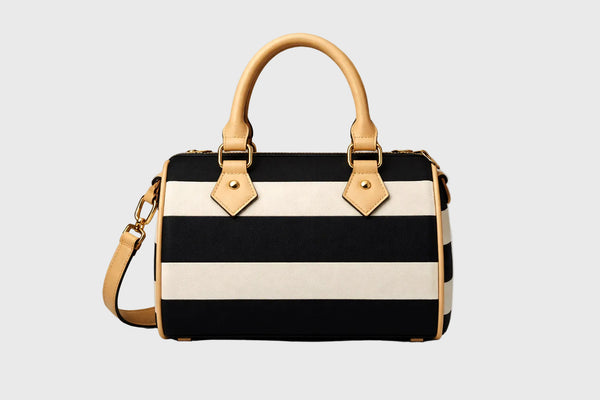 Striped Barrel-Shaped Leather Handbag