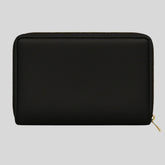 Sailuc black leather zip wallet with gold zipper on grey background, luxury accessory