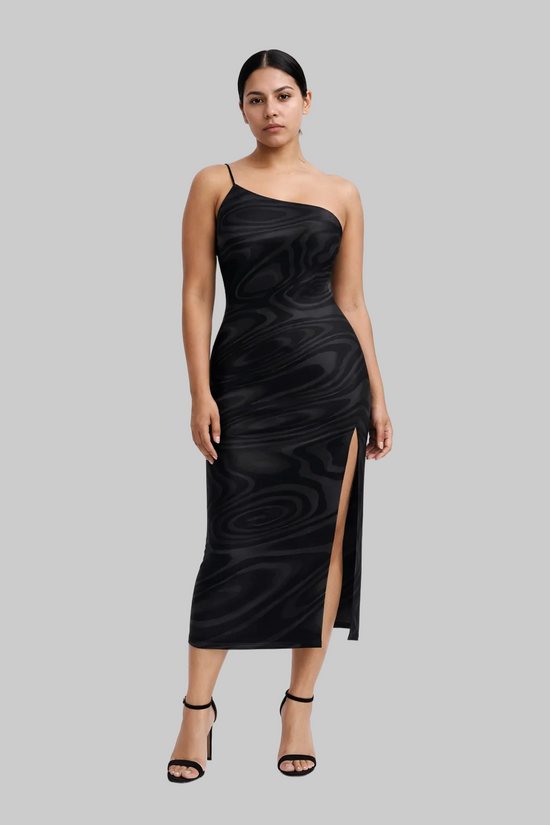 Oblique-Shoulder Exposure Dress With Side Split