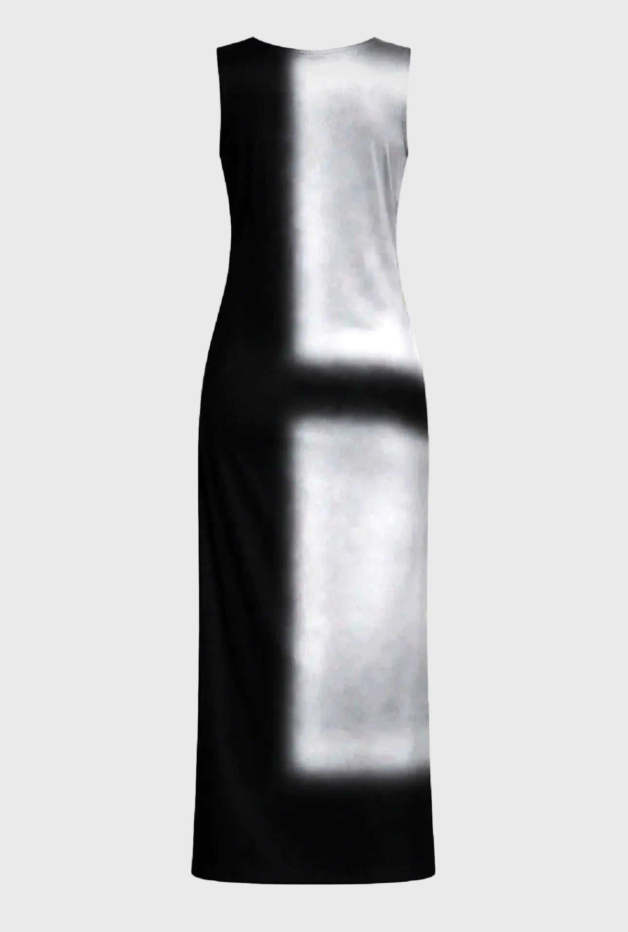 Black and white sleeveless dress on a light gray background